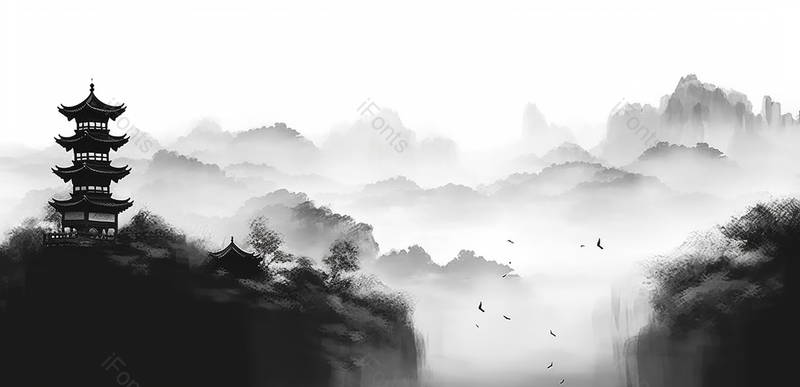 亭台楼阁飞鸟中国风山水水墨画背景,插画/手绘图,插画/手绘图库,插画/手绘图下载,插画/手绘